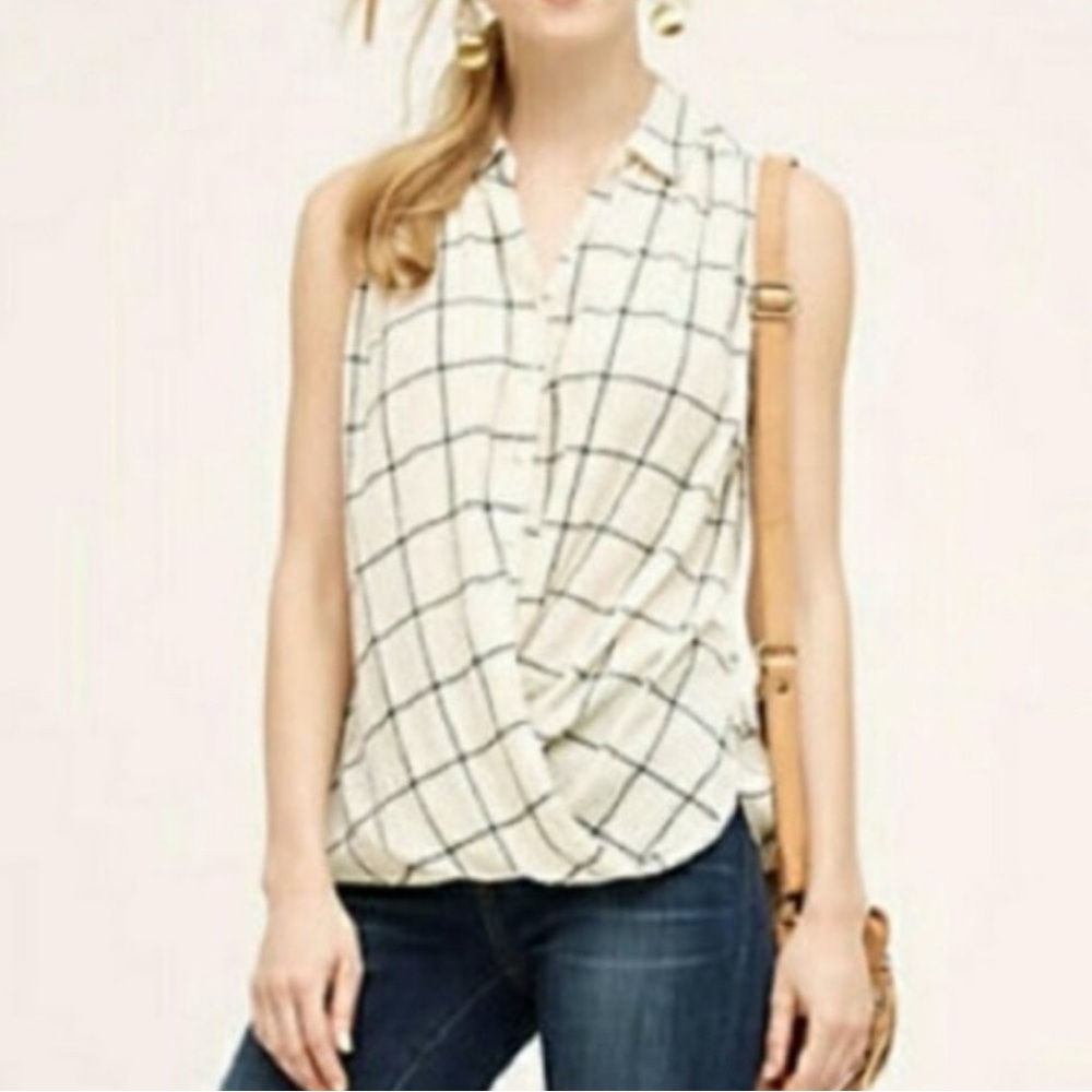 Anthropologie Isabella Sinclair White Windowpane Sleeveless Buttondown